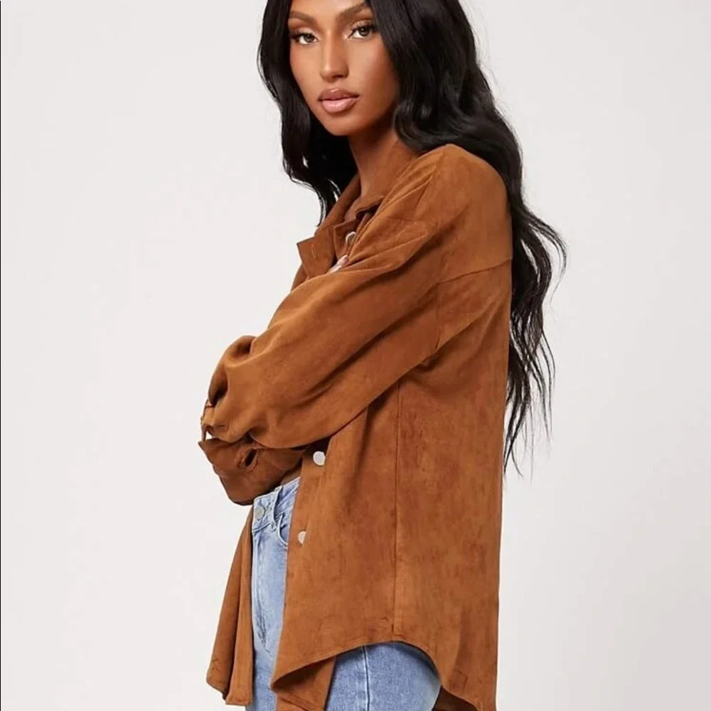 Vegan Suede Button Down Shirt Jacket - Picture 4 of 6